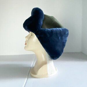 Vintage Eastern European Army Green Wool Blue Fur Deatil Militray Flight Hat M